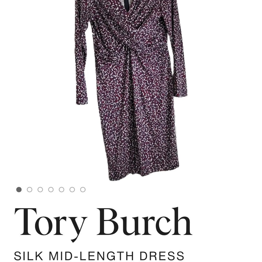 $450 Tory Burch Red Agate Confetti Silk Long Sleeve Faux Wrap Dress Medium EUC - Picture 2 of 7